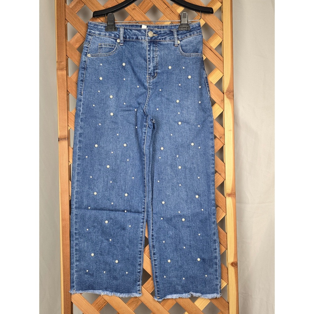 Mud Pie Bullock Pearl Jeans Women Size L Blue Faux Pearl Raw Hem - NEW